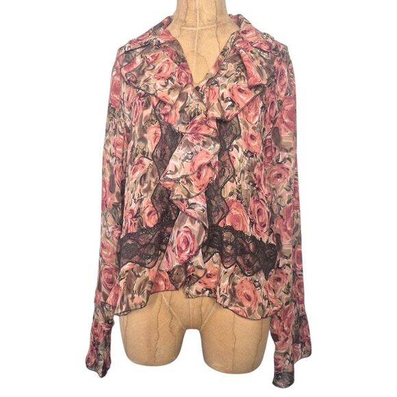 S.L.B. Pink Floral Long Sleeve Ruffle Blouse Coquette Y2K Size Medium - Picture 1 of 3